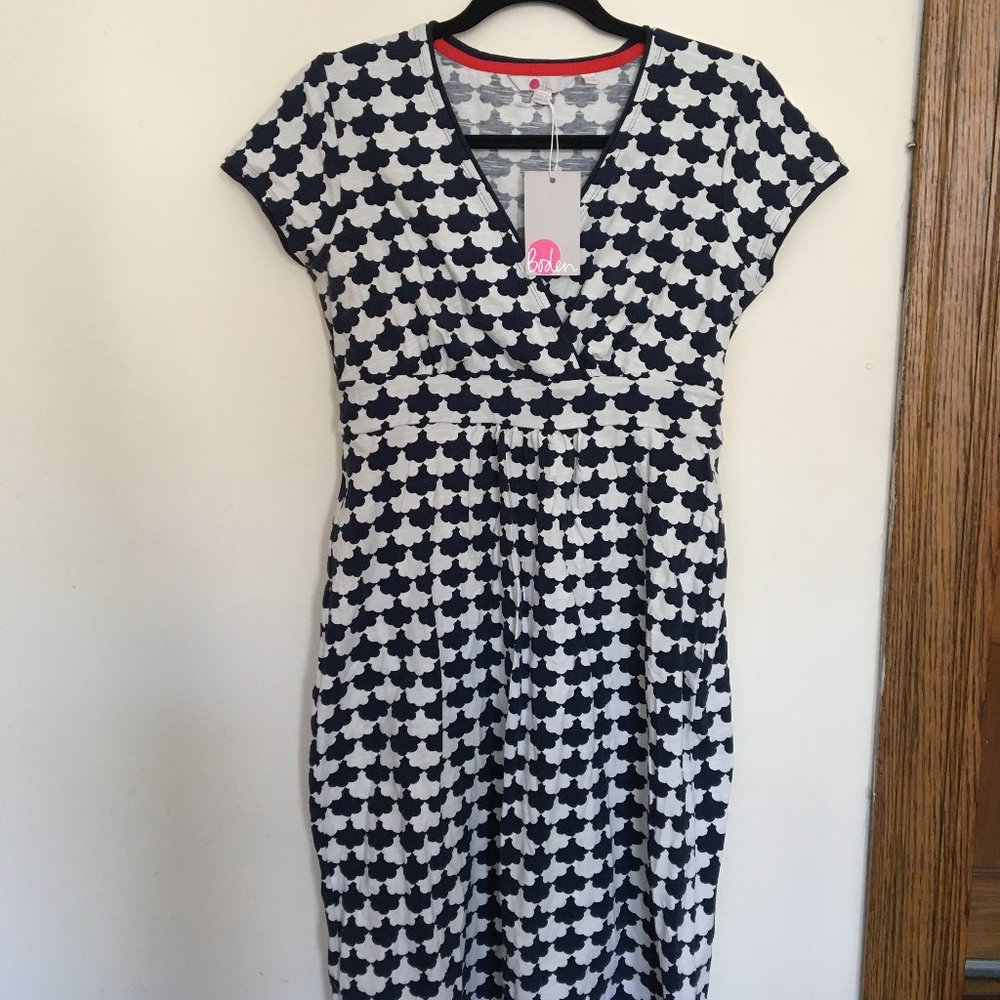 Boden Blue White Scalloped Jersey Cap Sleeve Dress